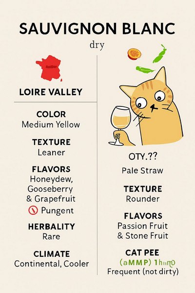Aromatic descriptors of Sauvignon Blanc from the Loire Valley and New Zealand — citrus, green pepper, morning dew, and wild herbal notes.