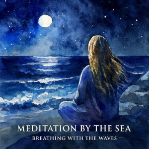 Watercolor cover art: woman meditating by the moonlit sea  